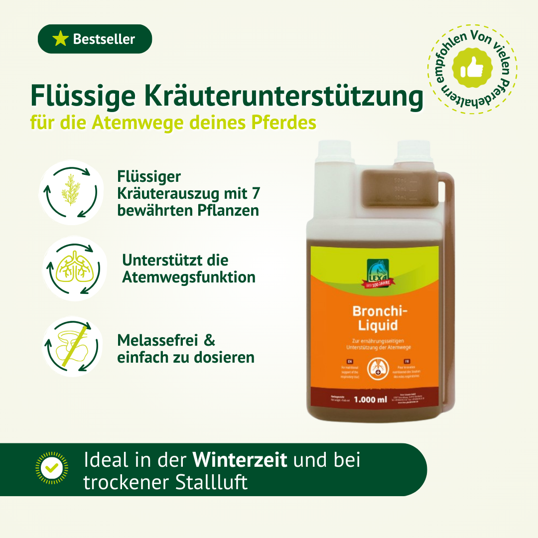 Bronchi Liquid von LEXA – flüssiger Kräuterauszug zur Unterstützung der Atemwege beim Pferd, melassefrei und ideal für die Winterzeit.