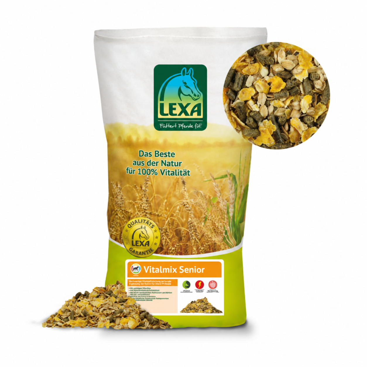 LEXA Vitalmix Senior Pferdefutter, Mischung aus Getreide und Kräutern, für die Vitalität älterer Pferde.