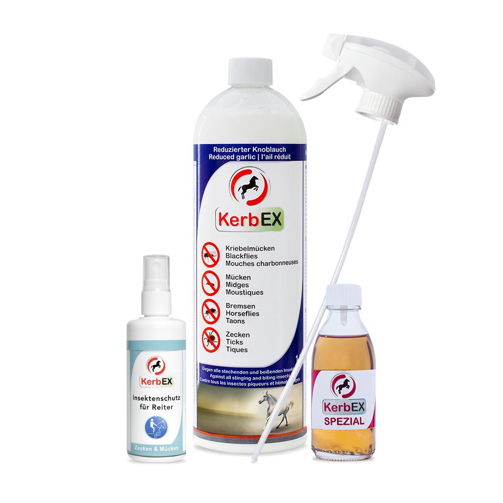 KerbEX Insektenschutzmittel KerbEX Insektenschutzmittel für Tiere, bestehend aus einer Sprühflasche und zwei weiteren Flaschen, eine davon mit Spezialformel.