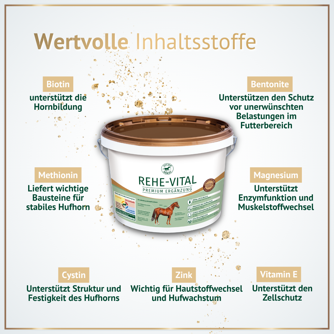 Inhaltsstoffe von Rehe-Vital Pferdefutter wie Biotin, Zink, Methionin und Bentonit im Überblick
