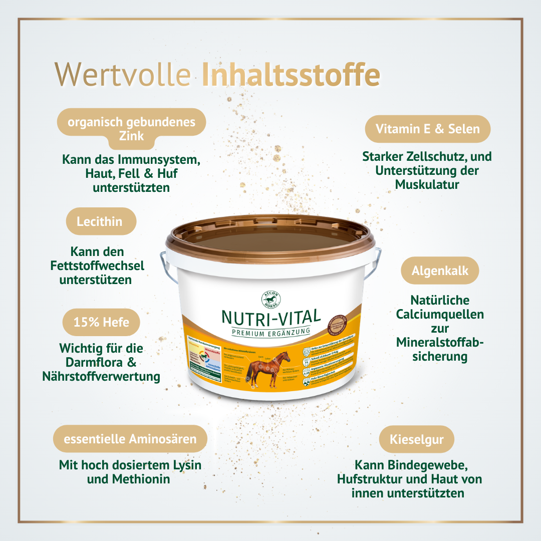 Wertvolle Inhaltsstoffe in NUTRI-VITAL – Zink, Vitamin E, Selen, Hefe und Aminosäuren für Haut, Fell, Huf und Immunsystem