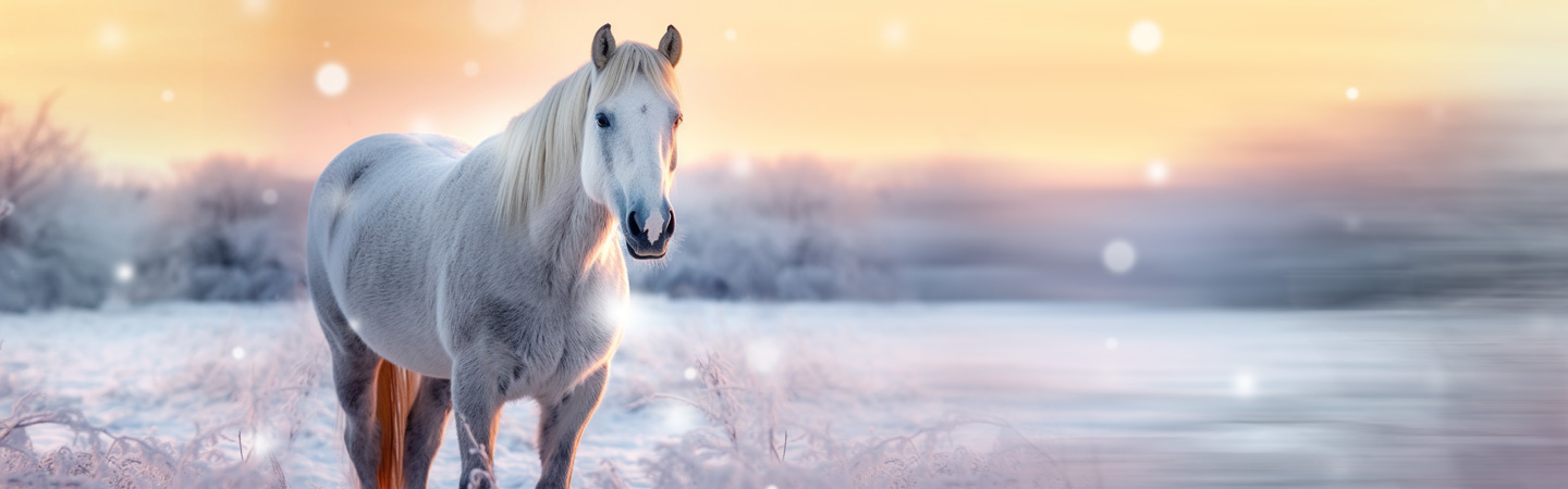 Ein weißes Pferd steht in einer verschneiten Landschaft bei Sonnenaufgang.