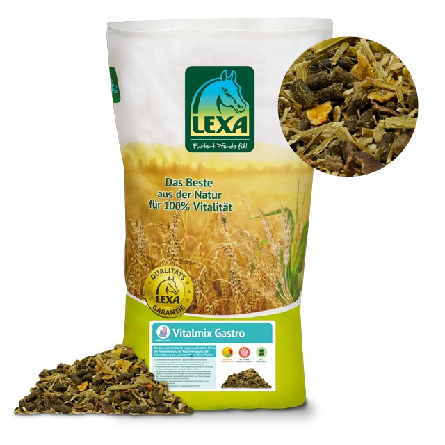 LEXA Vitalmix Gastro Pferdefutter LEXA Vitalmix Gastro Futter für Pferde, enthält Kräuter und getrocknete Zutaten, in einer großen Verpackung.