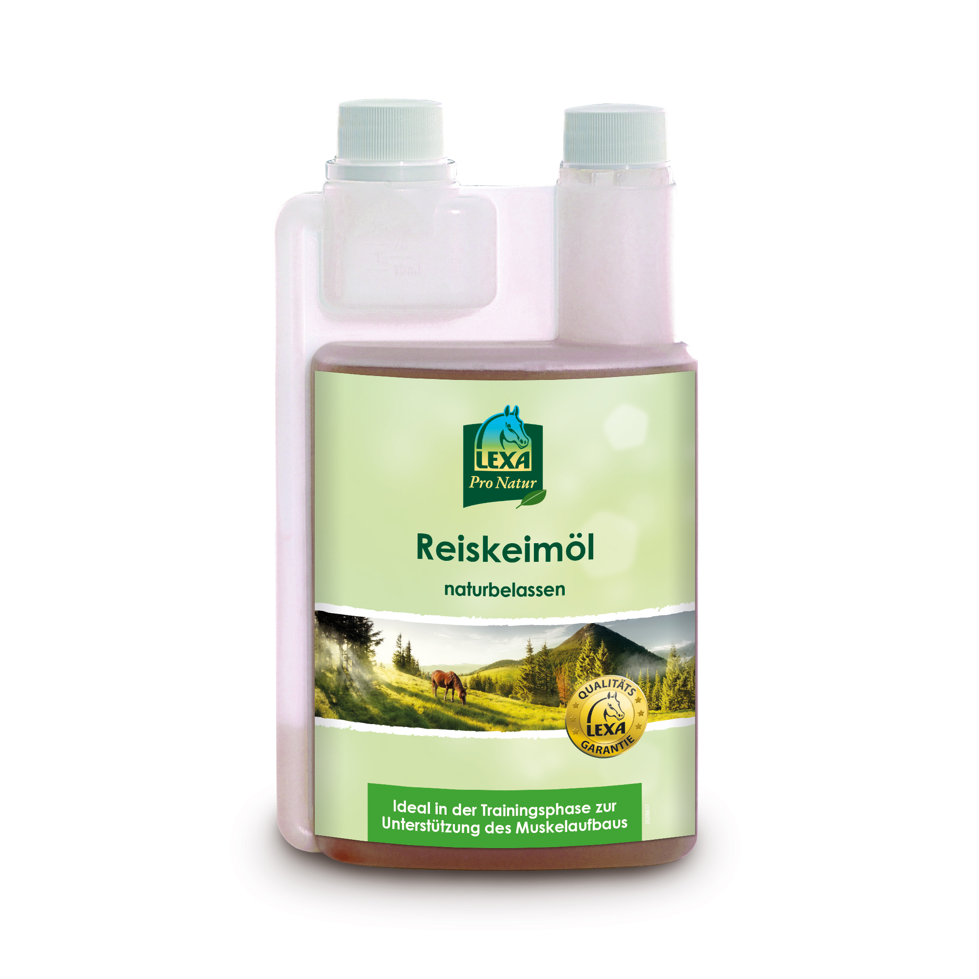 LEXA Reis Keimöl Reiskeimöl in einer transparenten Flasche mit grünem Etikett, ideal zur Unterstützung des Muskelaufbaus.