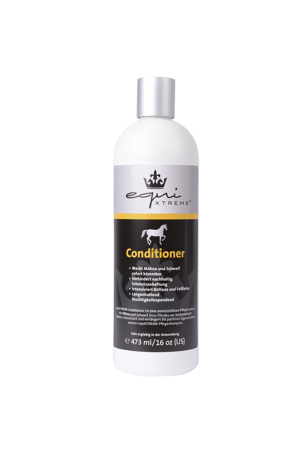 equ Xtreme Conditioner für Pferde Flasche mit equi Xtreme Conditioner für Pferde, 473 ml, weiß mit schwarzer und grauer Beschriftung.