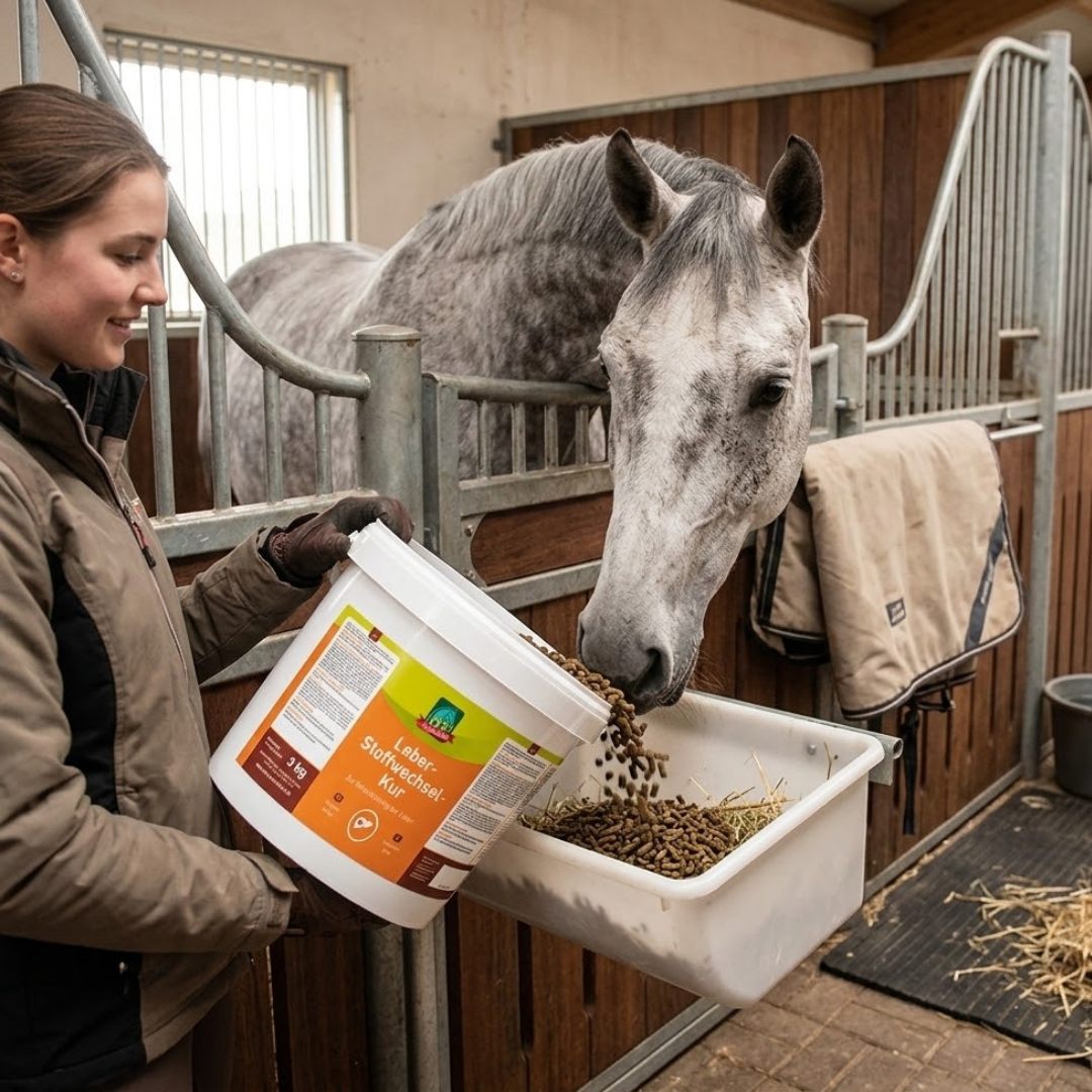 Frau füttert ein Pferd im Stall mit der LEXA Leber-Stoffwechsel-Kur aus einem Futtereimer.