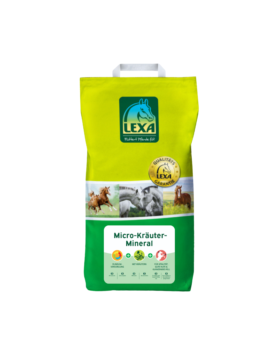 LEXA Micro-Kräuter-Mineral – gelb-grüne Verpackung mit Tragegriff und Produktlabel mit Kräutern für Vitalität, Hufe und Fell.