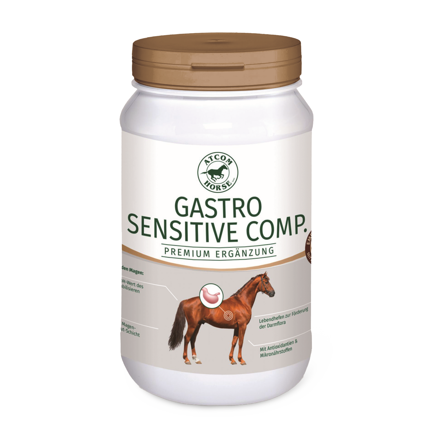 Gastro Sensitive Comp. Pferde Ergänzung Dose mit Nahrungsergänzung für Pferde, beschriftet 'GASTRO SENSITIVE COMP.' mit Abbildung eines Pferdes.
