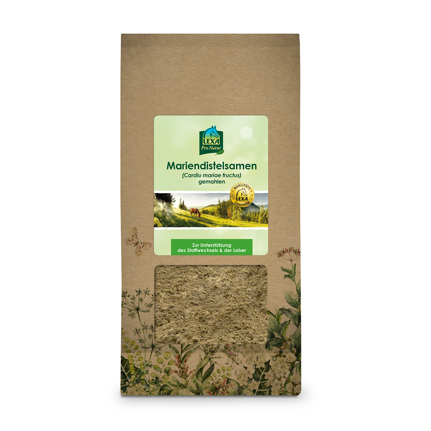 Gemahlene Mariendistelsamen Papiertüte mit Sichtfenster mit gemahlenen Mariendistelsamen in brauner Tüte, mit Pflanzenmotiv und grüner Etikette.