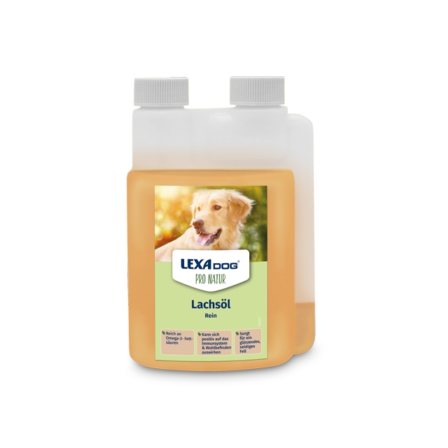 LEXA DOG Lachsöl für Hunde Flasche mit Lachsöl für Hunde von LEXA DOG, orangefarbene Flüssigkeit, mit einem Bild eines Hundes im Hintergrund.