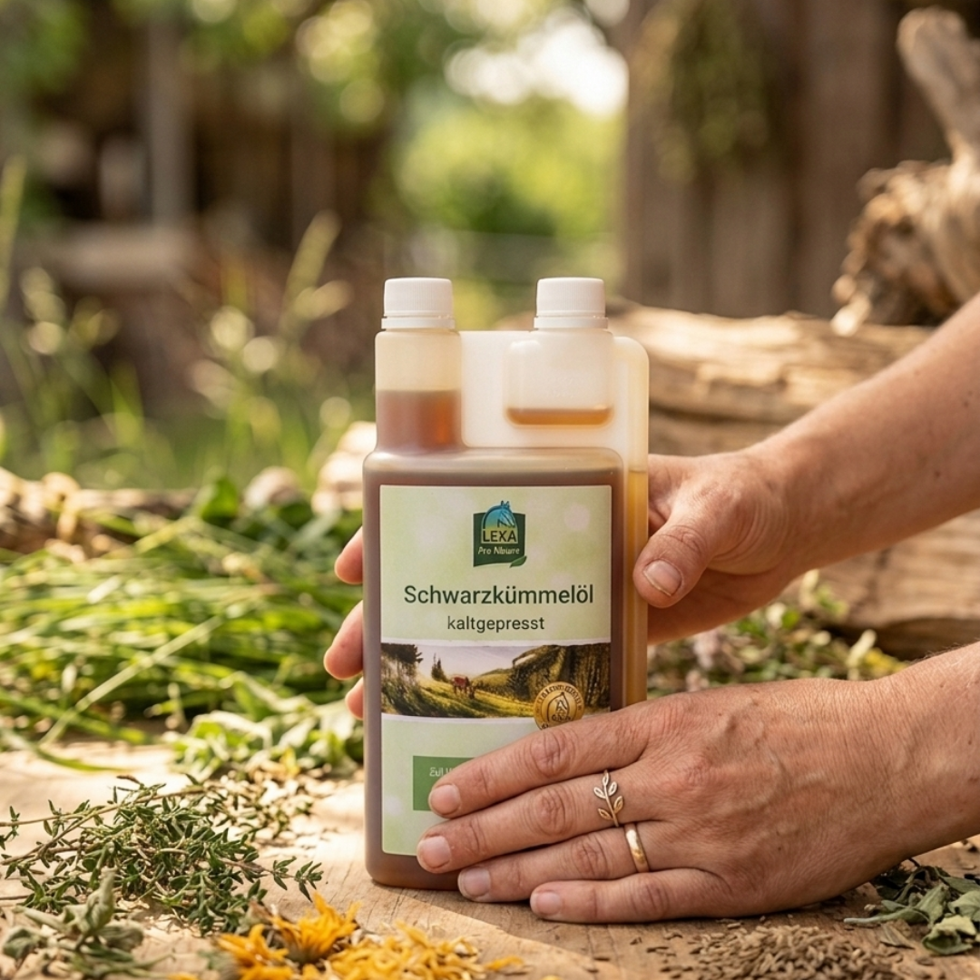 LEXA Schwarzkümmelöl für Pferde – Produkt in natürlicher Umgebung mit hochwertigen Inhaltsstoffen