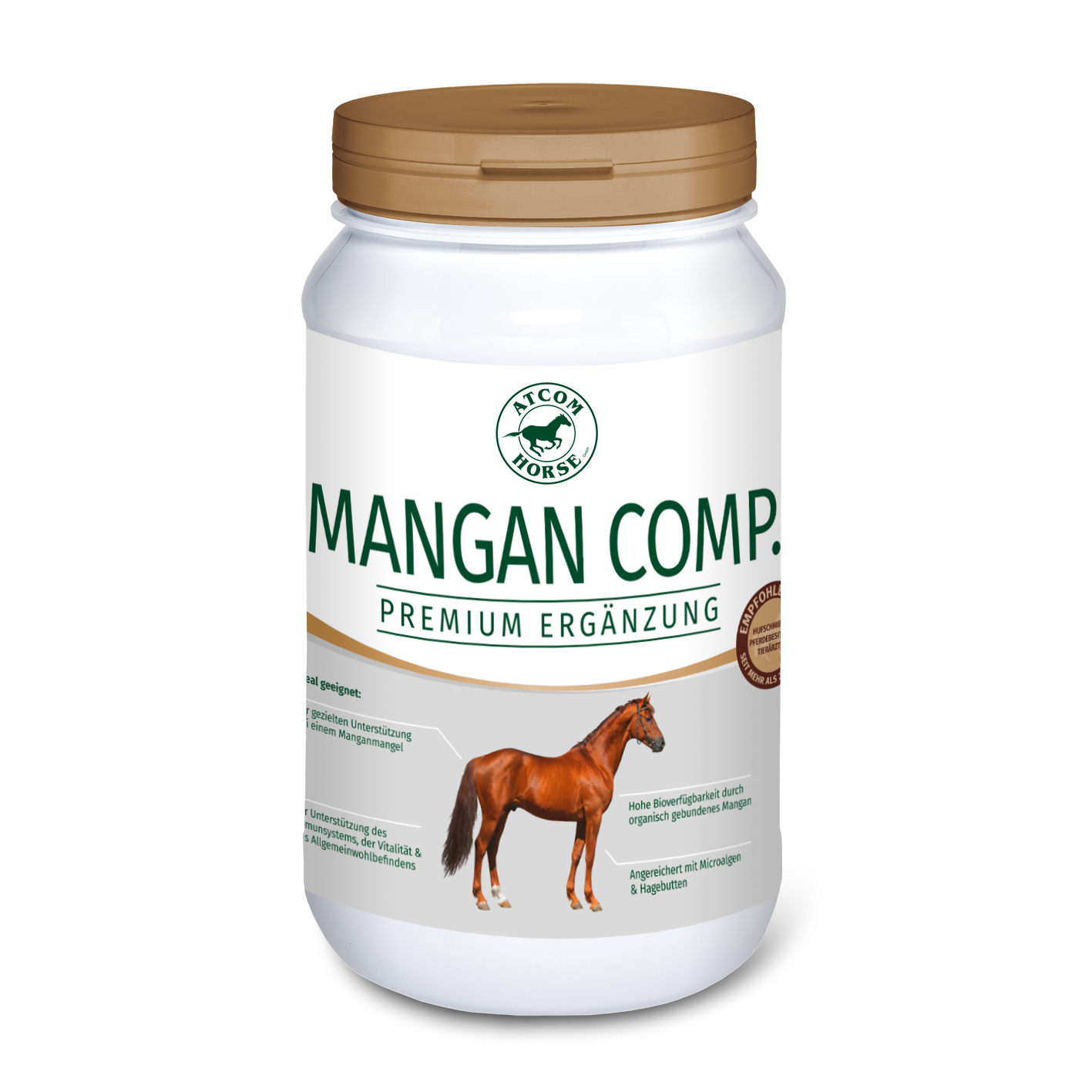 Mangan Comp. von Atcom Horse Mangan Comp. von Atcom Horse, Premium Ergänzung für Pferde, in einem weißen Behälter mit braunem Deckel.