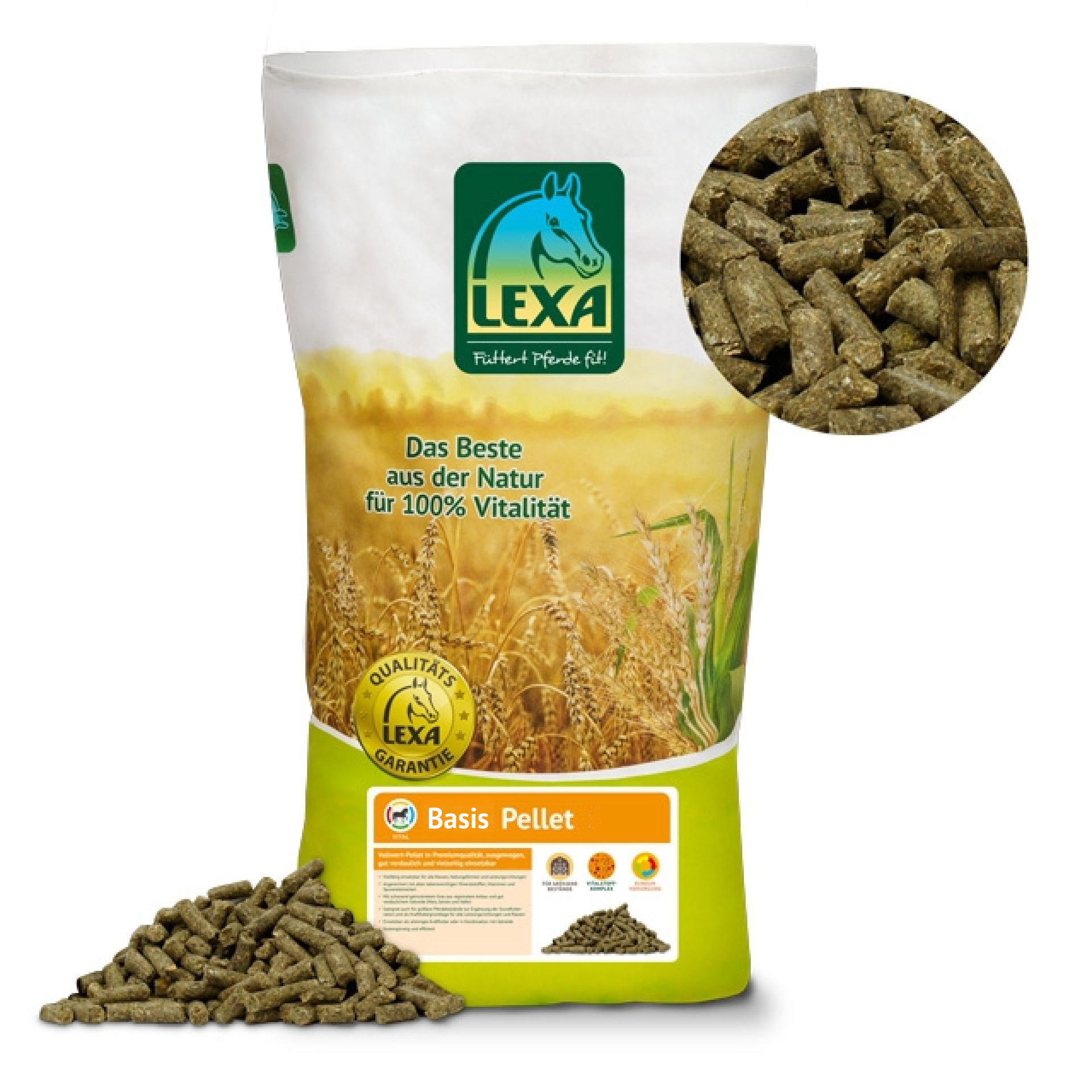 LEXA Basis Pellet Pferdefutter im Sack mit losen Pellets im Vordergrund und einer vergrößerten Detailansicht der Pellets.