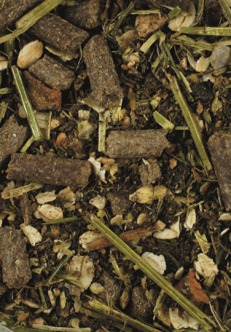 Tierfuttermischung Mischung aus Tierfutter mit Pellets, getrockneten Kräutern und Samen.