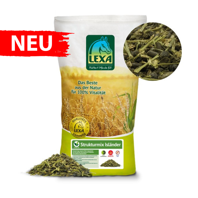 LEXA Strukturmix Isländer Verpackung als grünen Sack von LEXA Strukturmix Isländer mit einer Banderole mit der Aufschrift NEU und einem Bild mit der Struktur des Müslis.