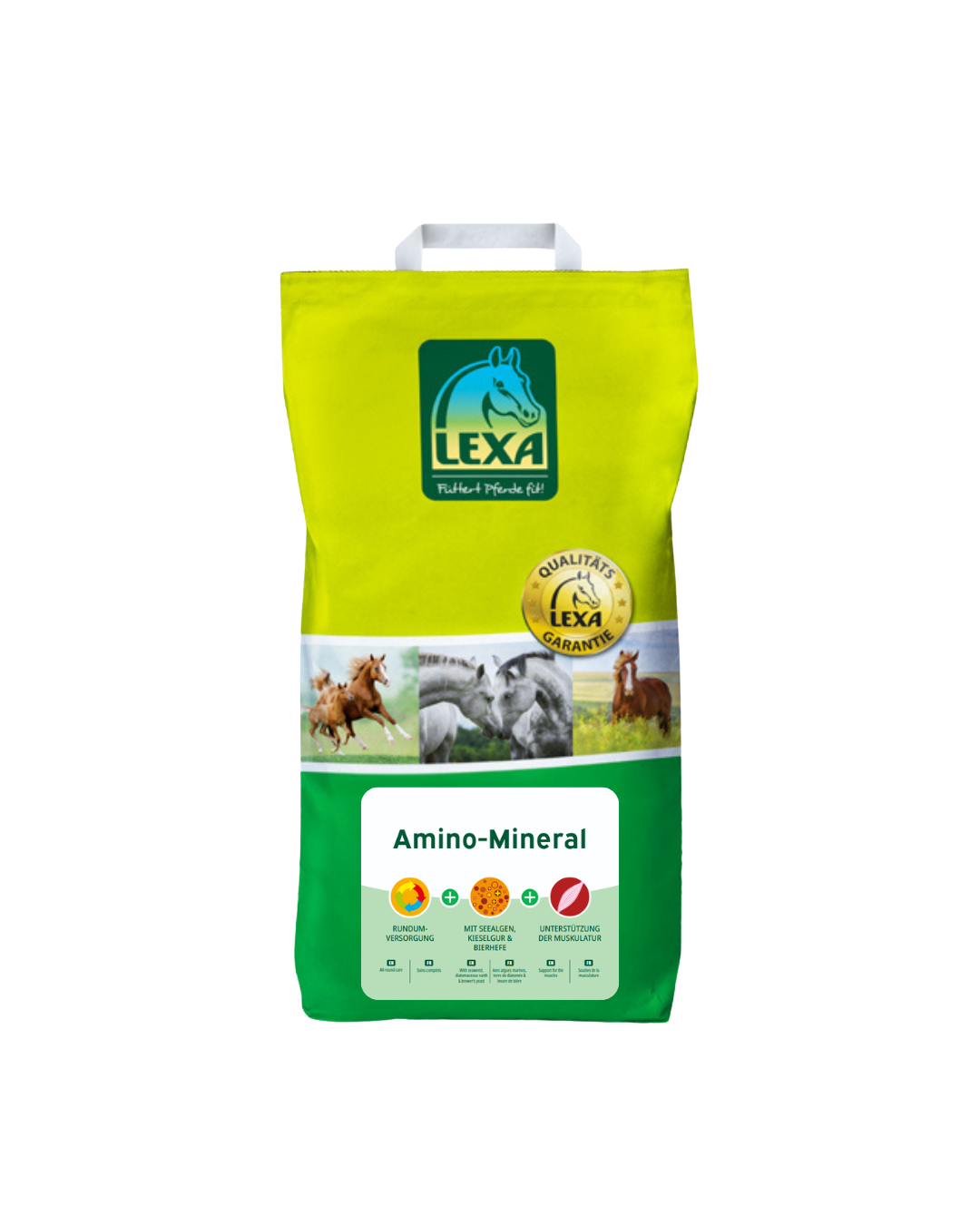 LEXA Amino-Mineral – gelb-grüne Verpackung mit Tragegriff und Produktlabel zur Unterstützung der Muskulatur.