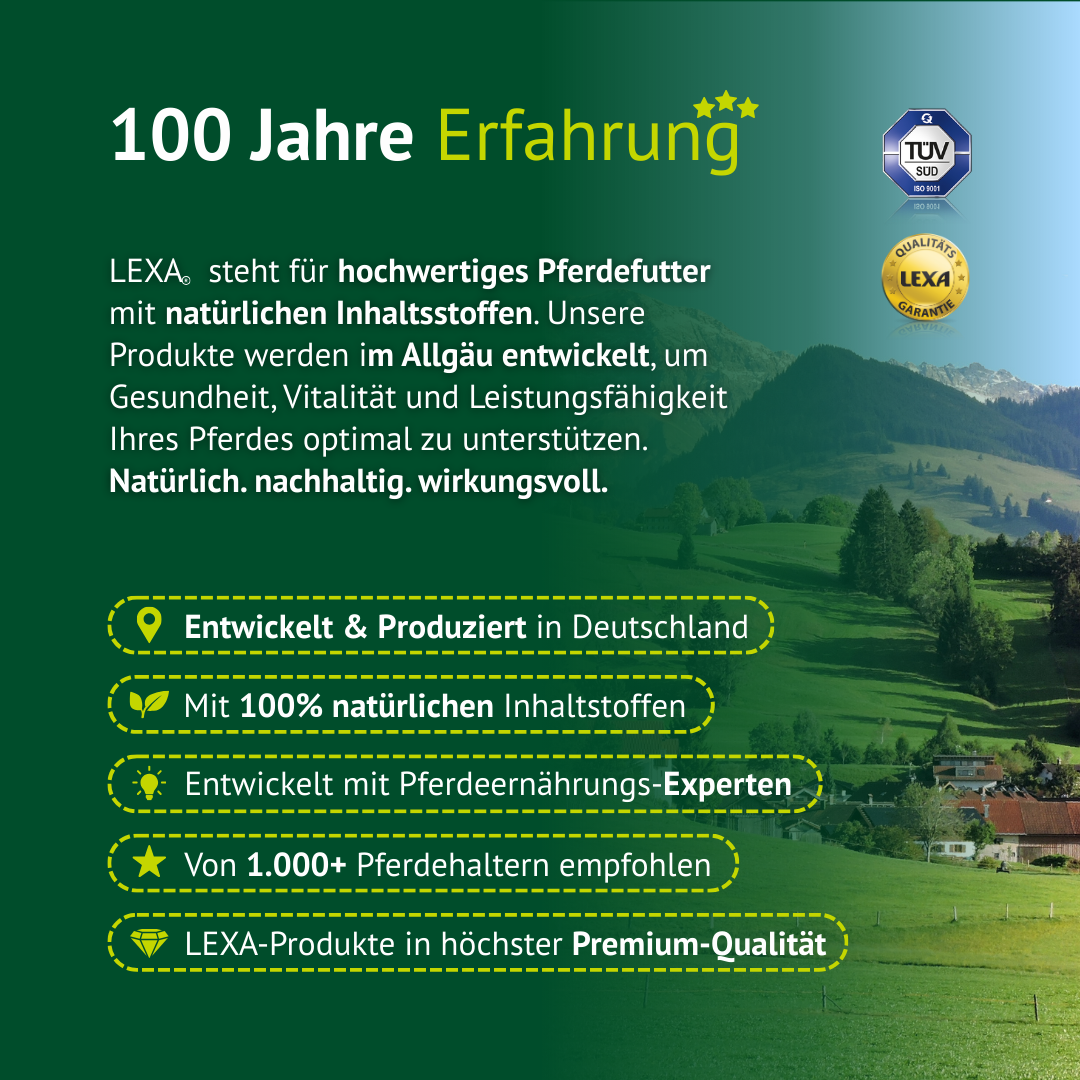 Markengrafik von LEXA mit 100 Jahren Erfahrung, deutscher Herstellung, natürlichen Inhaltsstoffen und Premium-Qualität für Pferdefutter.