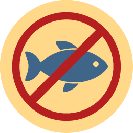 Durchgestrichener Fisch als Symbol für eine fischfreie Rezeptur.