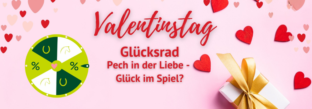 Rosa Valentinstags-Banner mit der Aufschrift „Glücksrad – Pech in der Liebe, Glück im Spiel?“ sowie einem illustrierten Glücksrad und Herzen.