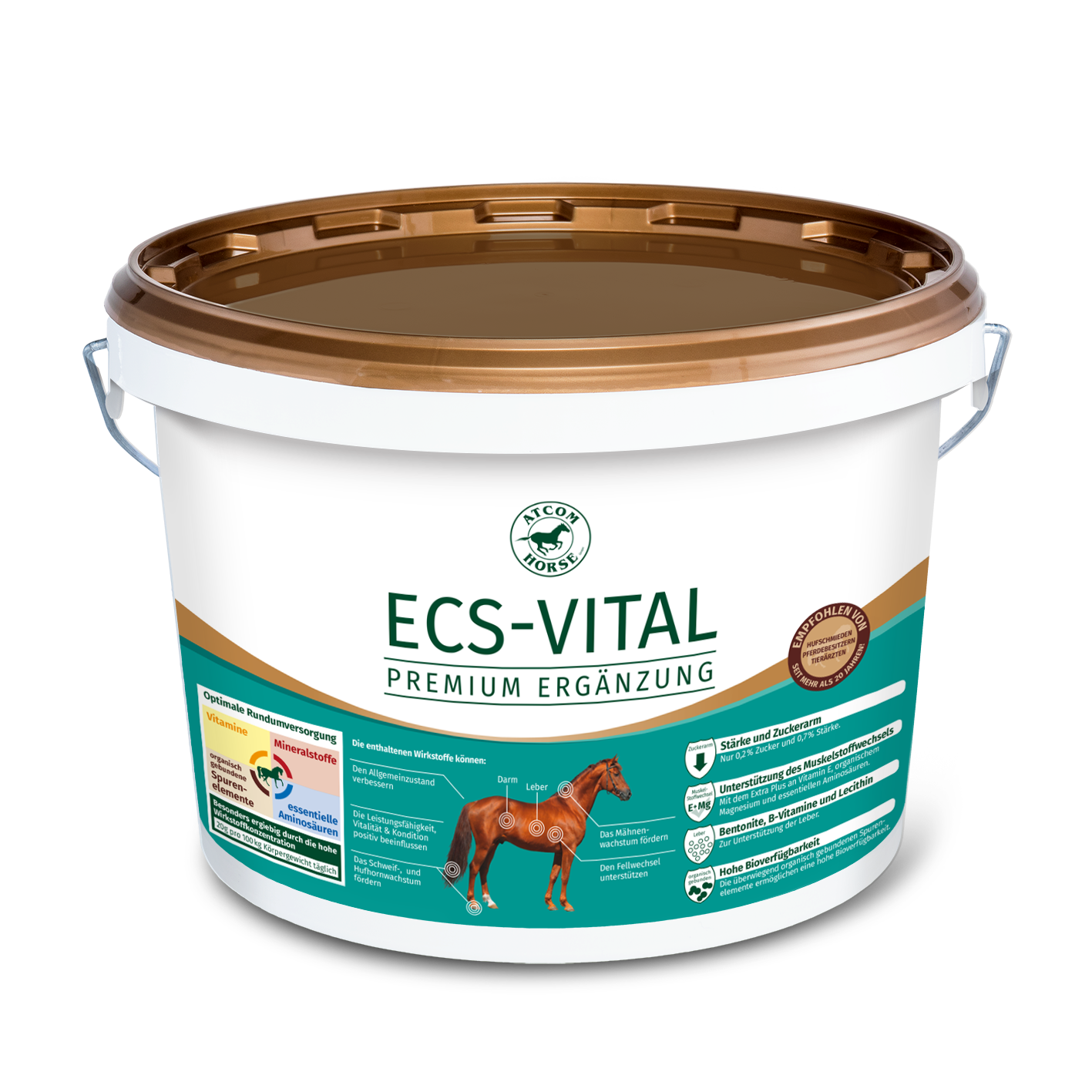 Eimer mit ECS-VITAL Premium Ergänzung ECS-VITAL Premium Ergänzung für Pferde in einem weißen Eimer (Kunststoff) mit braunem Deckel.