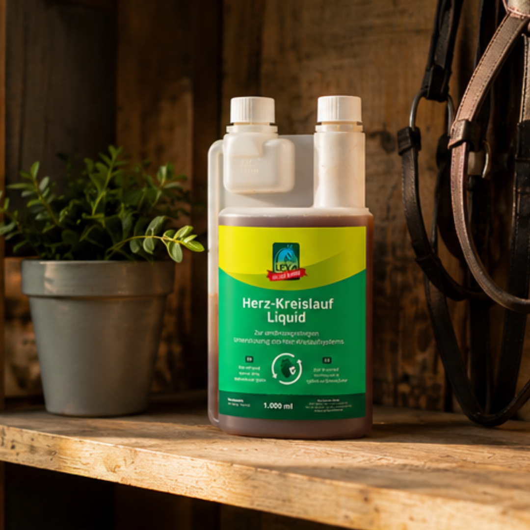 LEXA Herz-Kreislauf Liquid steht im Stall auf einem Holzregal neben Kräutern und Pferdezubehör.