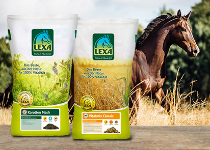LEXA Pferdefutter: Karotten Mash und Vitalmix Classic Zwei Säcke mit Pferdefutter von LEXA, einer mit Karotten Mash und der andere mit Vitalmix Classic, im Vordergrund, im Hintergrund ein Pferd auf der Weide.