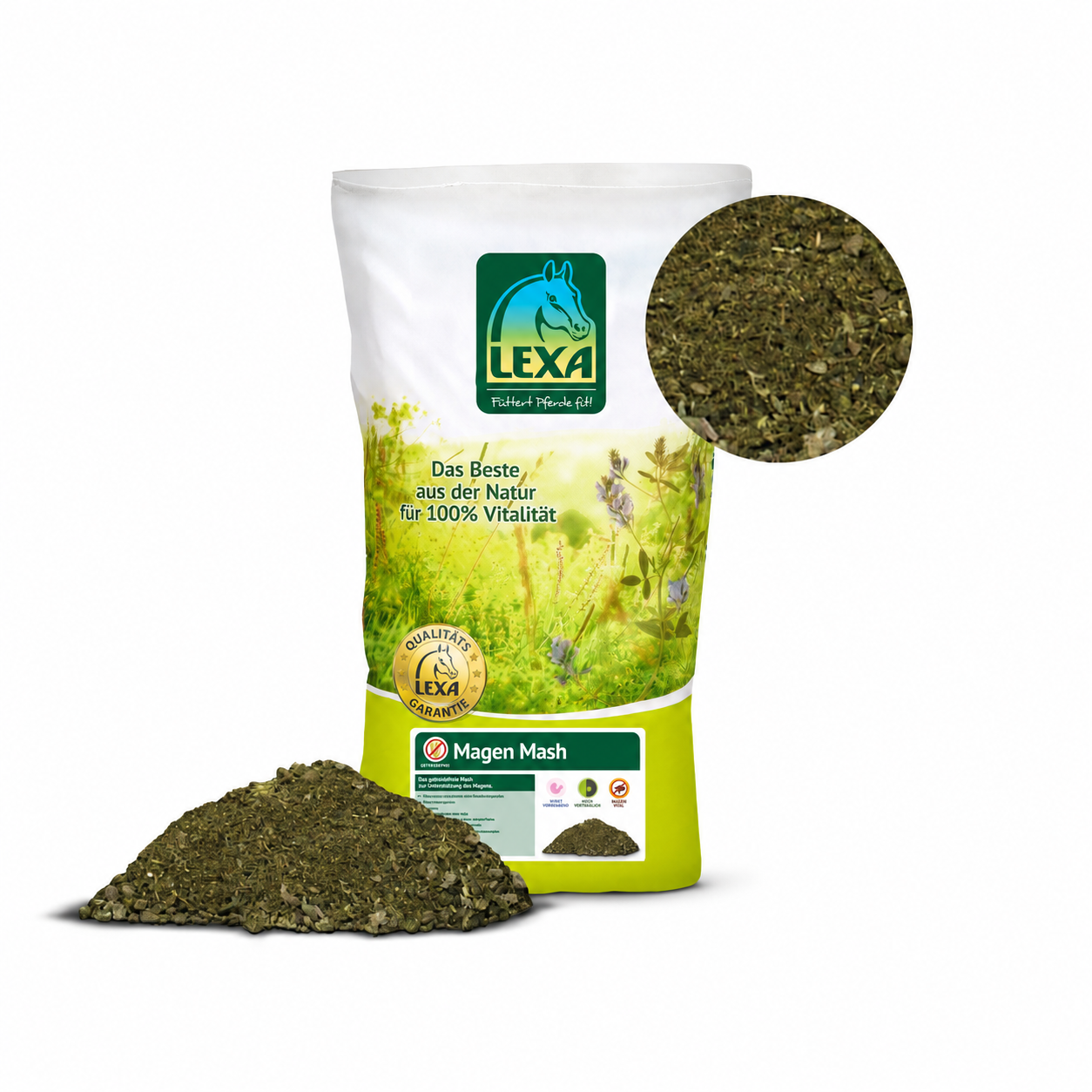 LEXA Magen Mash auf einem grünen Sack mit einer Blumenwiese im Hintergrund und einer roten Banderole mit NEU