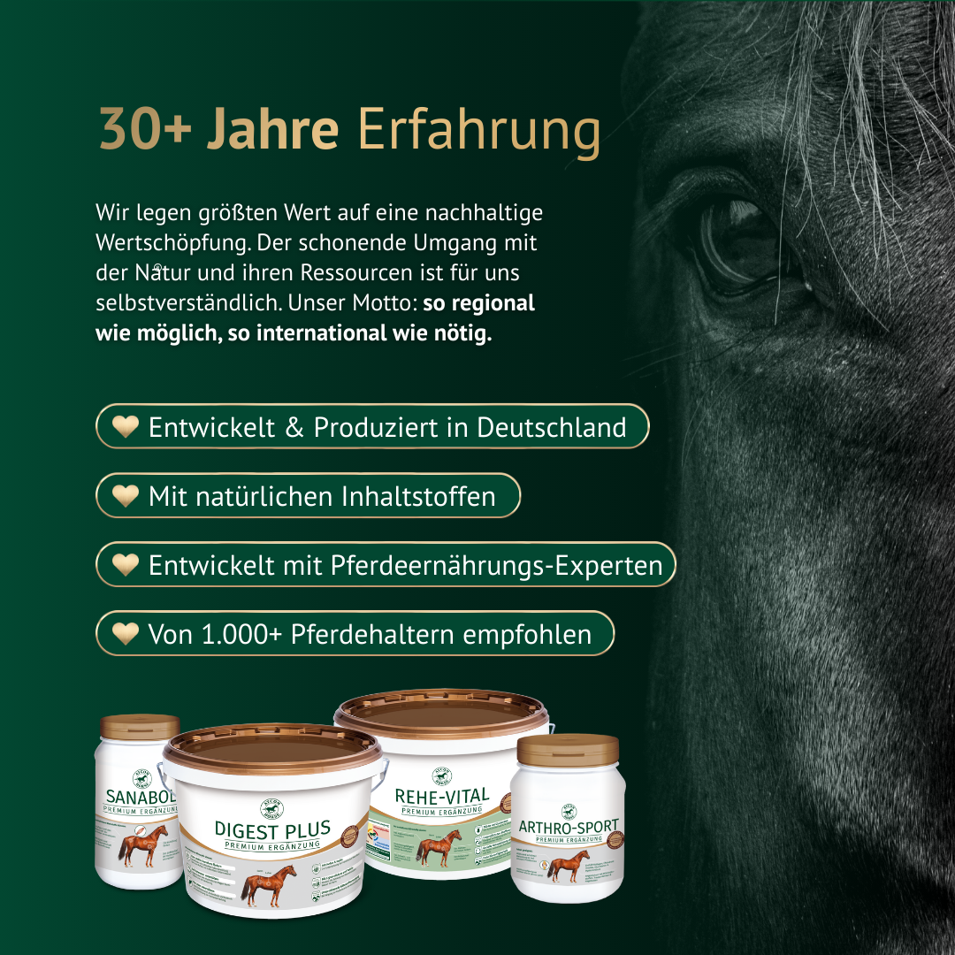 ATCOM Markenbild – über 30 Jahre Erfahrung, nachhaltige Produktion in Deutschland und natürliche Pferdefutterprodukte