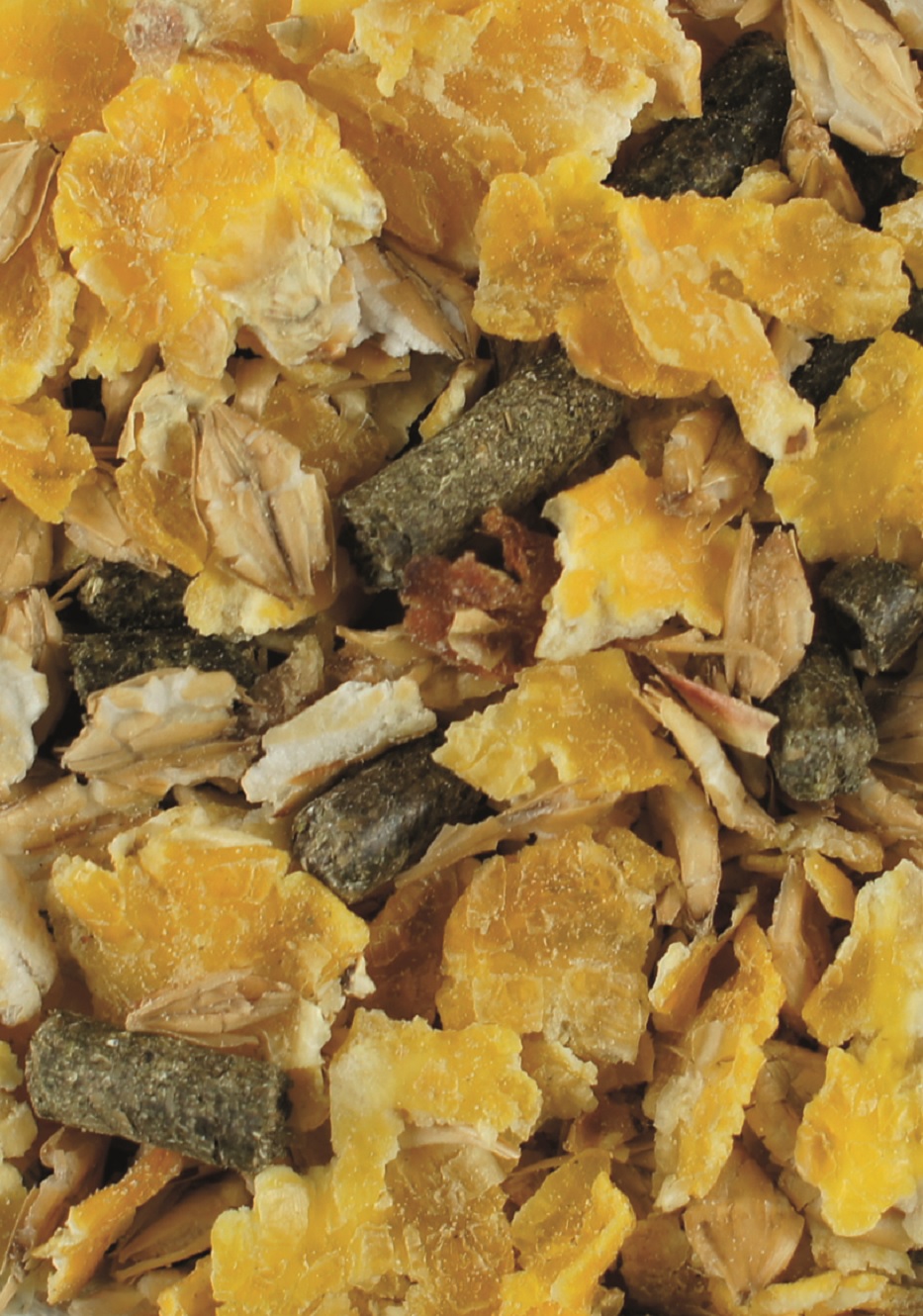 Getrocknete Blüten und Haferflocken Mischung Eine Mischung aus getrockneten Blütenblättern, Haferflocken und kleinen grünen Stücken.