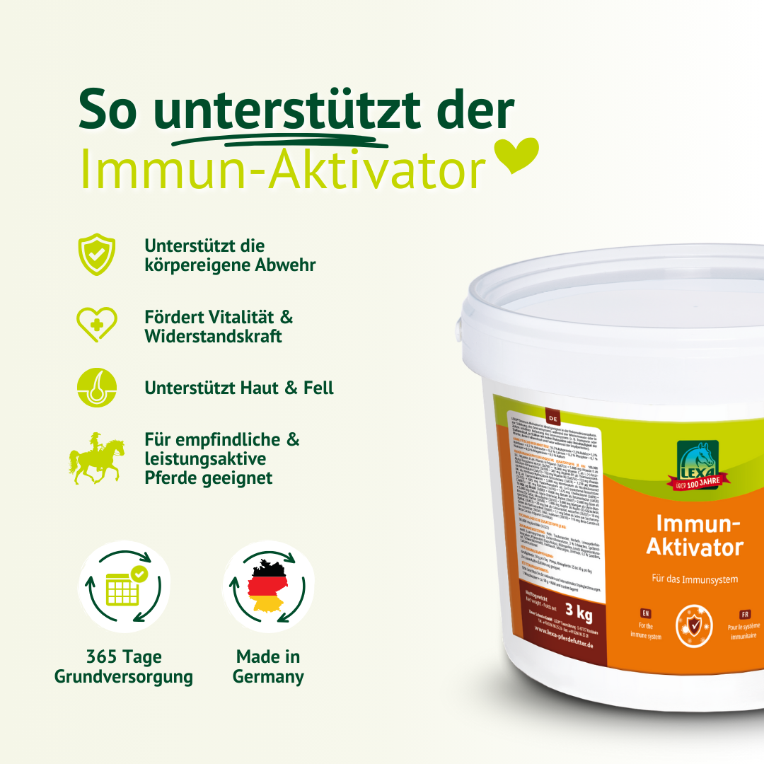 Übersicht der Vorteile: Unterstützt Abwehrkräfte, Vitalität, Haut & Fell; für empfindliche Pferde geeignet; Made in Germany.