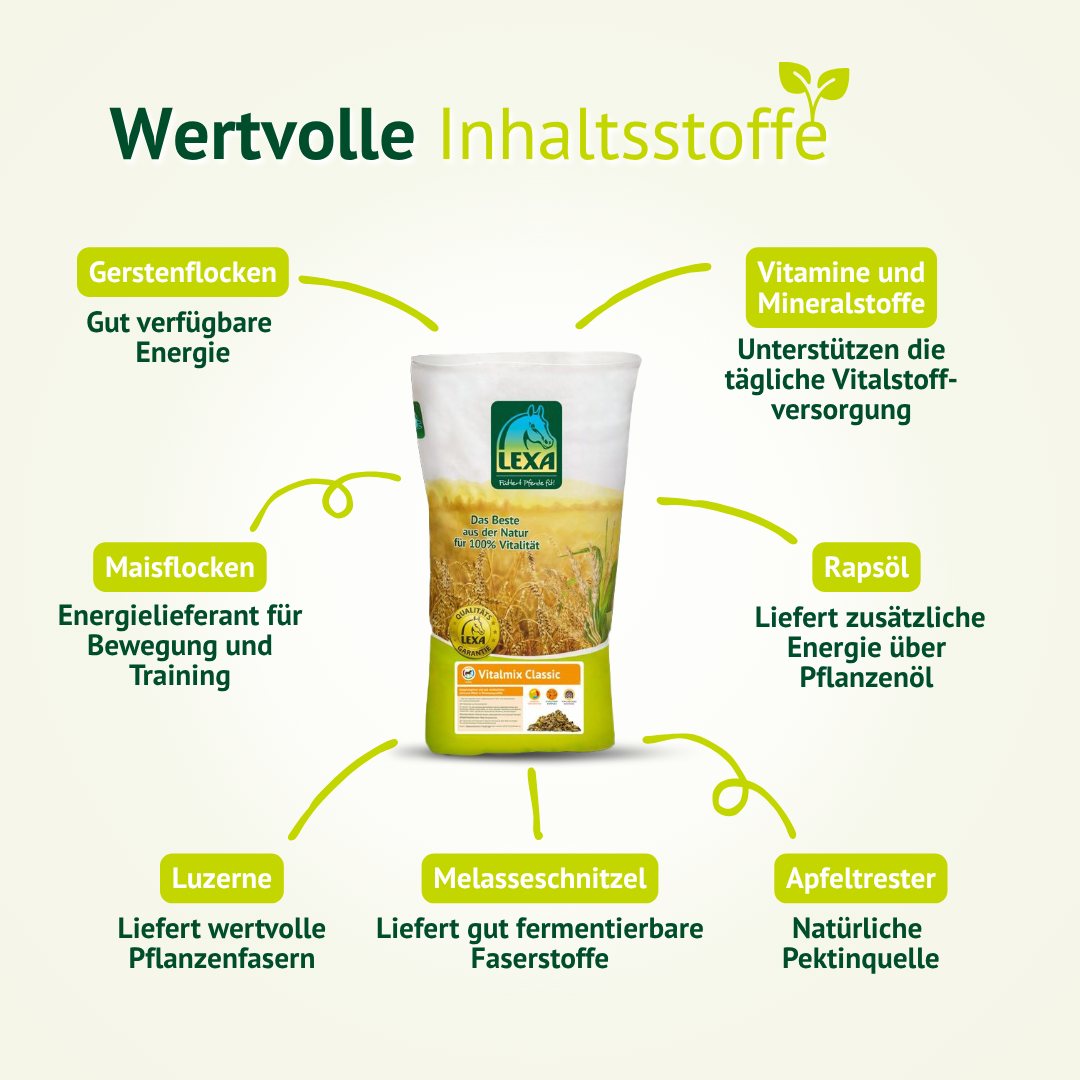 Wertvolle Inhaltsstoffe von LEXA Vitalmix Classic: Gersten- und Maisflocken, Luzerne, Melasseschnitzel, Apfeltrester, Rapsöl sowie Vitamine und Mineralstoffe.