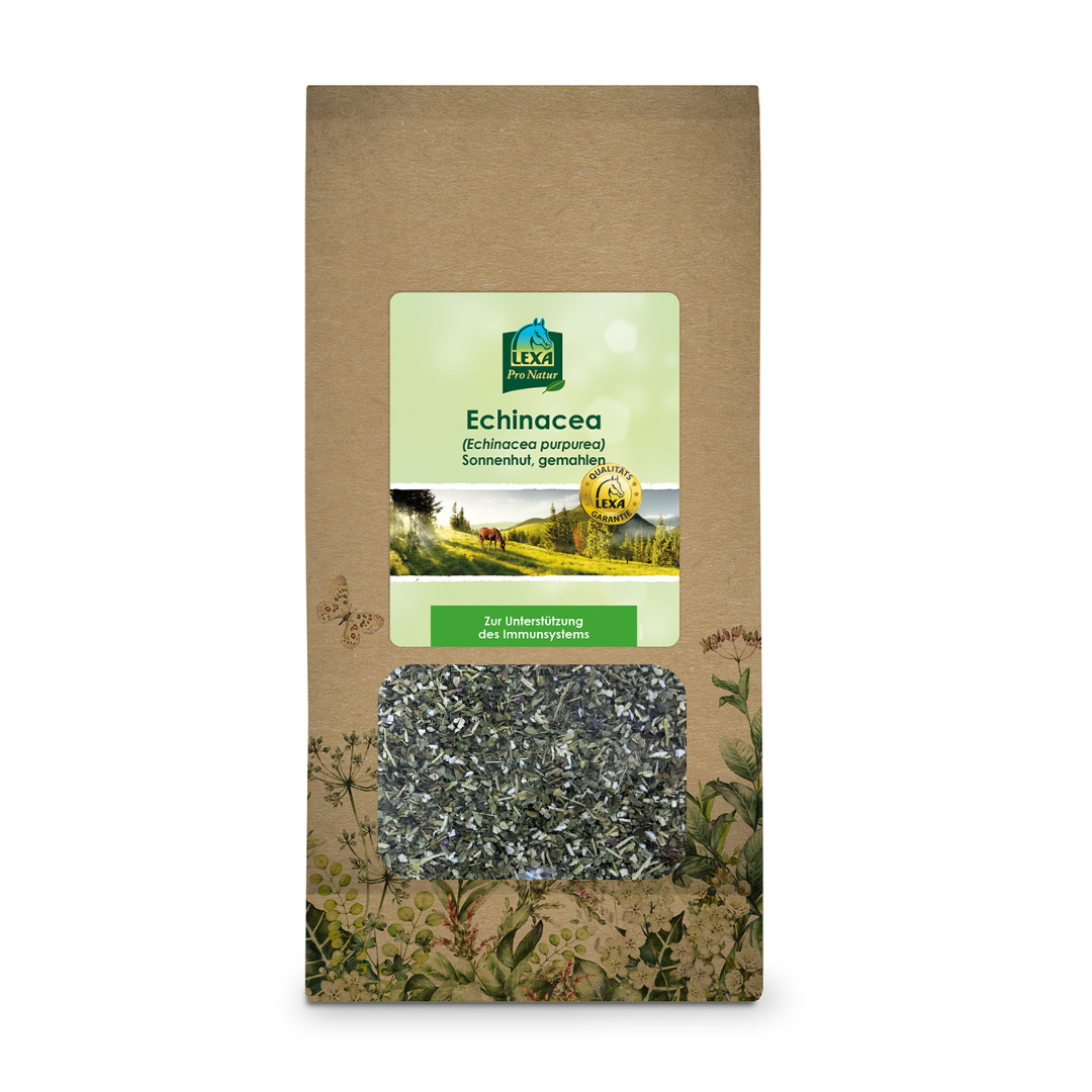 Echinacea-Pulver von LEXA Braune Papiertüte mit Echinacea-Pulver, mit Sichtfenster und mit grünem Etikett. Kräuterillustrationen am Rand der Verpackung.