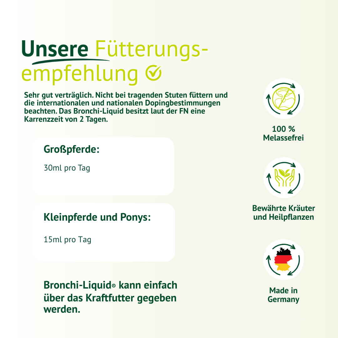 Fütterungsempfehlung für Bronchi Liquid – Dosierung für Großpferde sowie Ponys, 100 % melassefrei und Made in Germany.