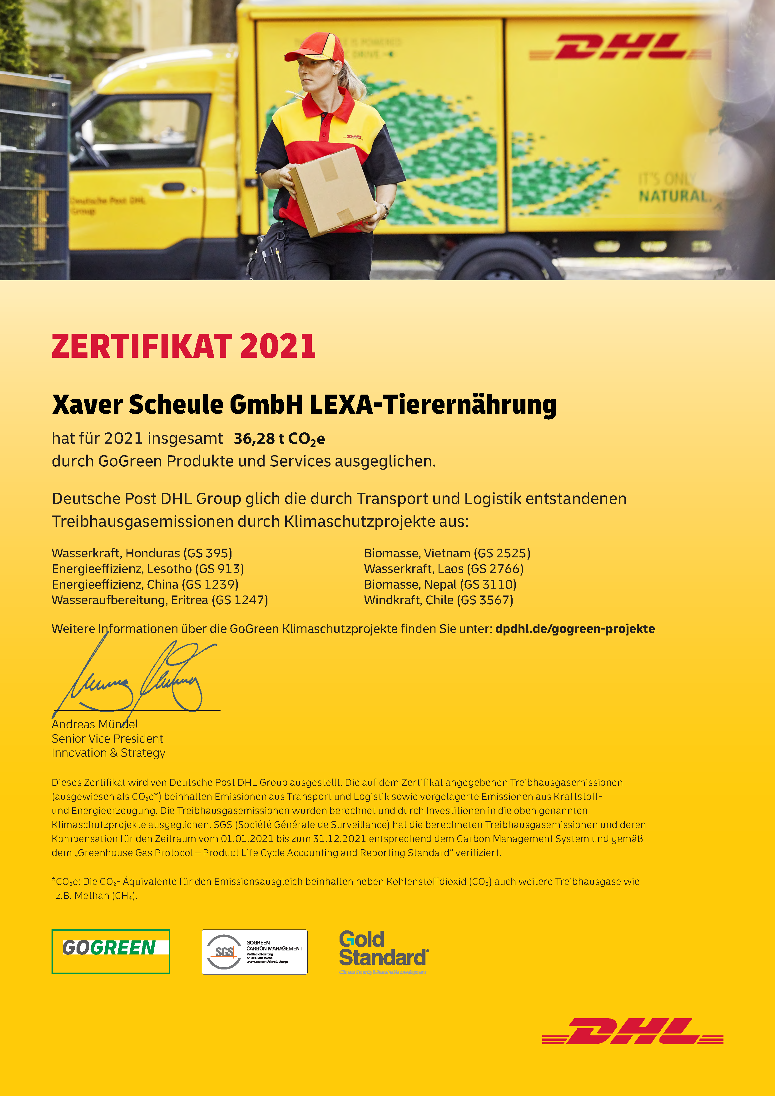 Zertifikat für CO2-Reduktion von Xaver Scheule GmbH Zertifikat 2021 von DHL für Xaver Scheule GmbH LEXA-Tierernährung, bestätigt CO2-Reduktion durch GoGreen Projekte.