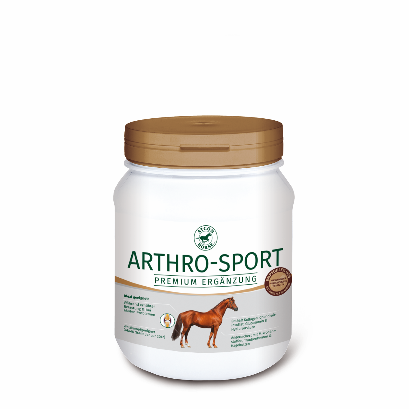 ARTHRO-SPORT Ergänzung für Pferde Weißer Behälter mit braunem Deckel, beschriftet mit 'ARTHRO-SPORT PREMIUM ERGÄNZUNG' für Pferde.