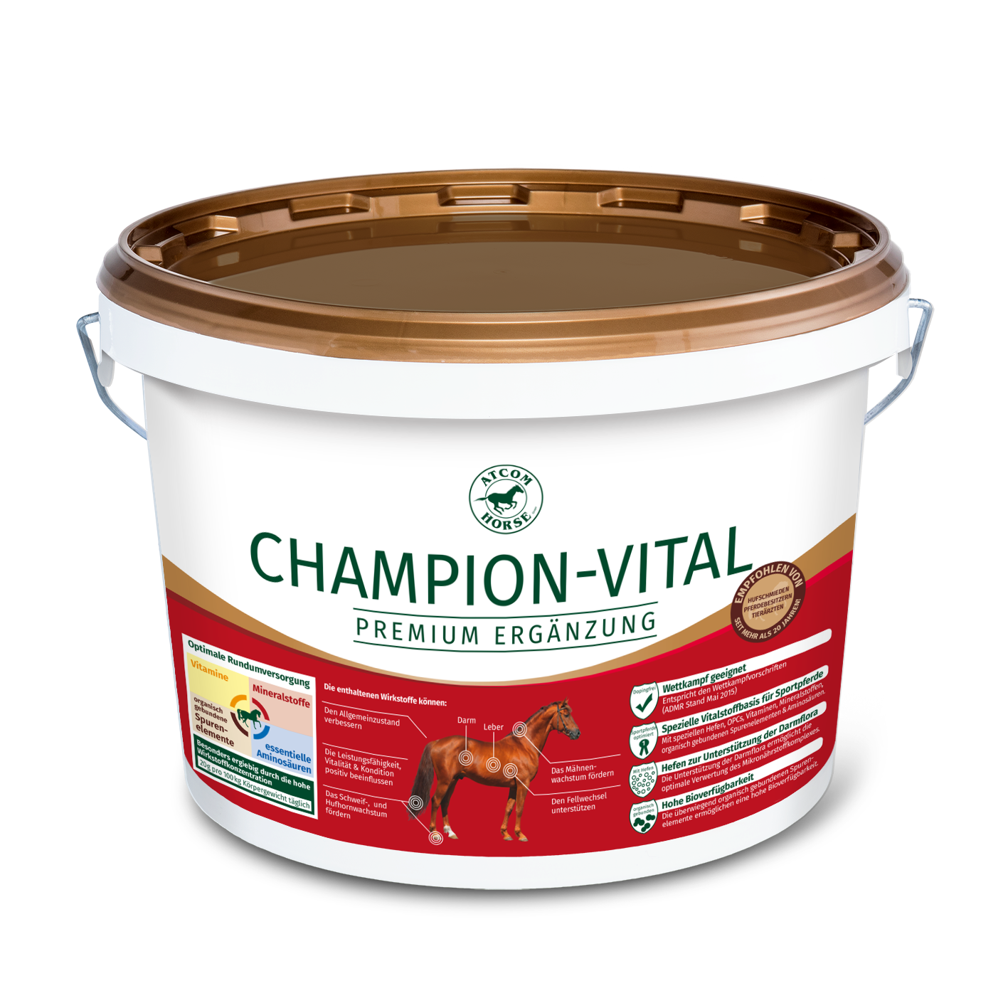 Champion-Vital Premium Ergänzung für Pferde Eimer mit 'Champion-Vital' Premium Ergänzung für Pferde, weiß mit braunem Deckel, enthält Nährstoffinformationen.