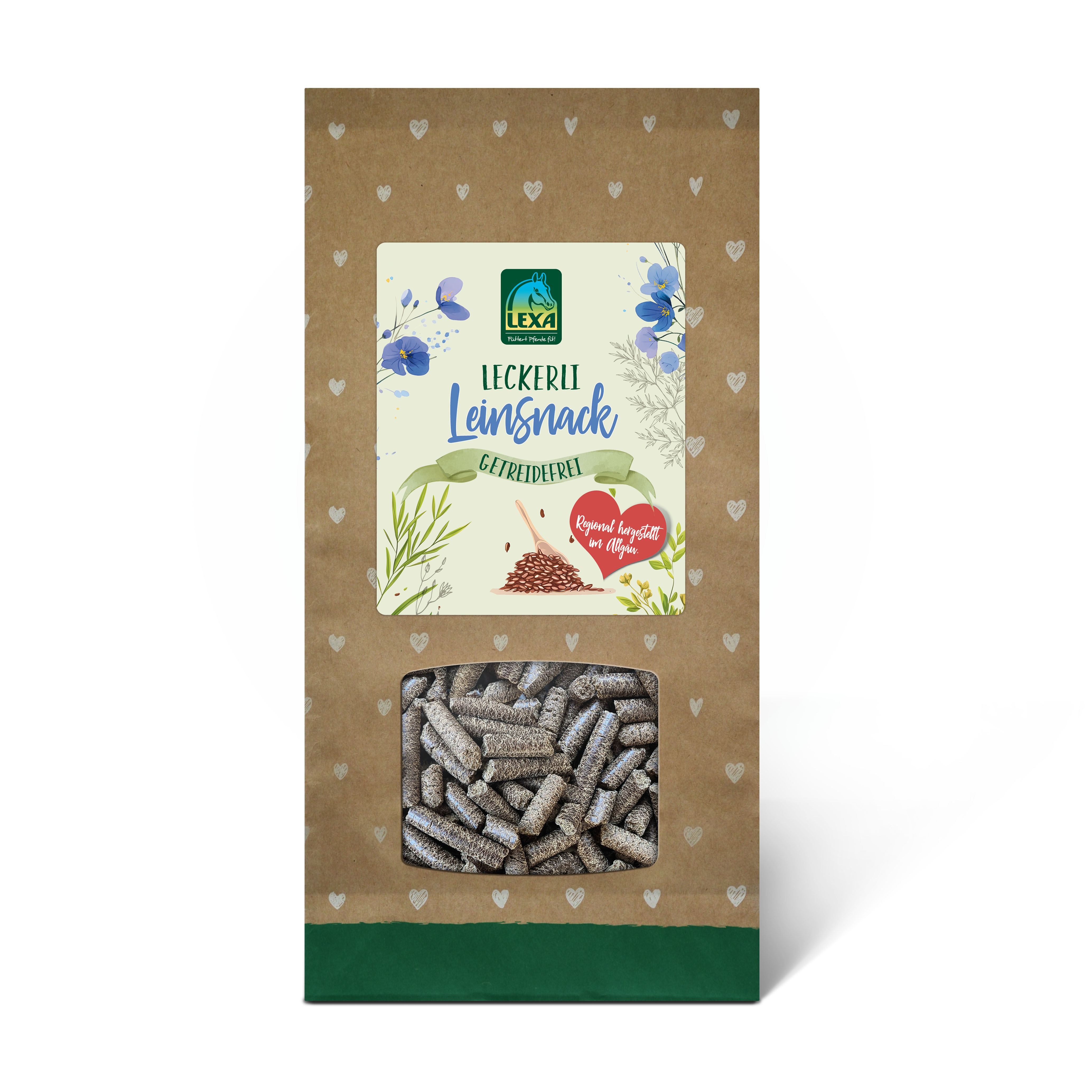 LEXA Leinsnack in Verpackung LEXA Leinsnack in einer braun grünern Verpackung (1kg Beutel) mit einem Etikett und einem Sichtfenster, welches das Produkt darstellt