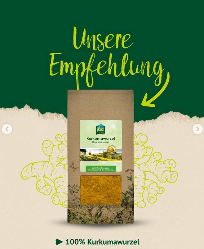 Produktbild einer Packung LEXA Kurkumawurzel (100% rein). Die Verpackung zeigt durch ein Sichtfenster das feine, gelbe Pulver. Darüber steht der Schriftzug ‚Unsere Empfehlung‘.