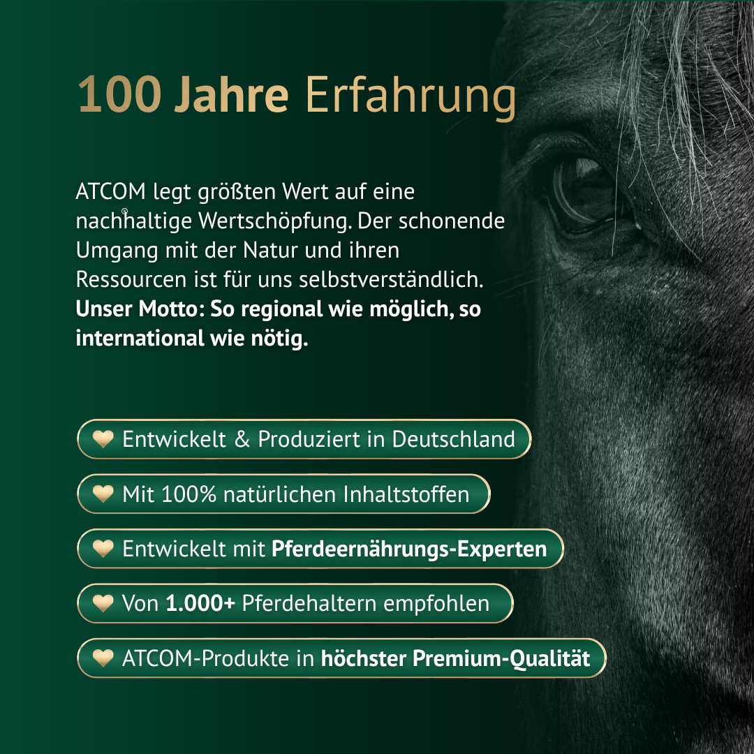 100 Jahre Erfahrung in Pferdefütterung – ATCOM steht für Qualität, natürliche Inhaltsstoffe und Expertise
