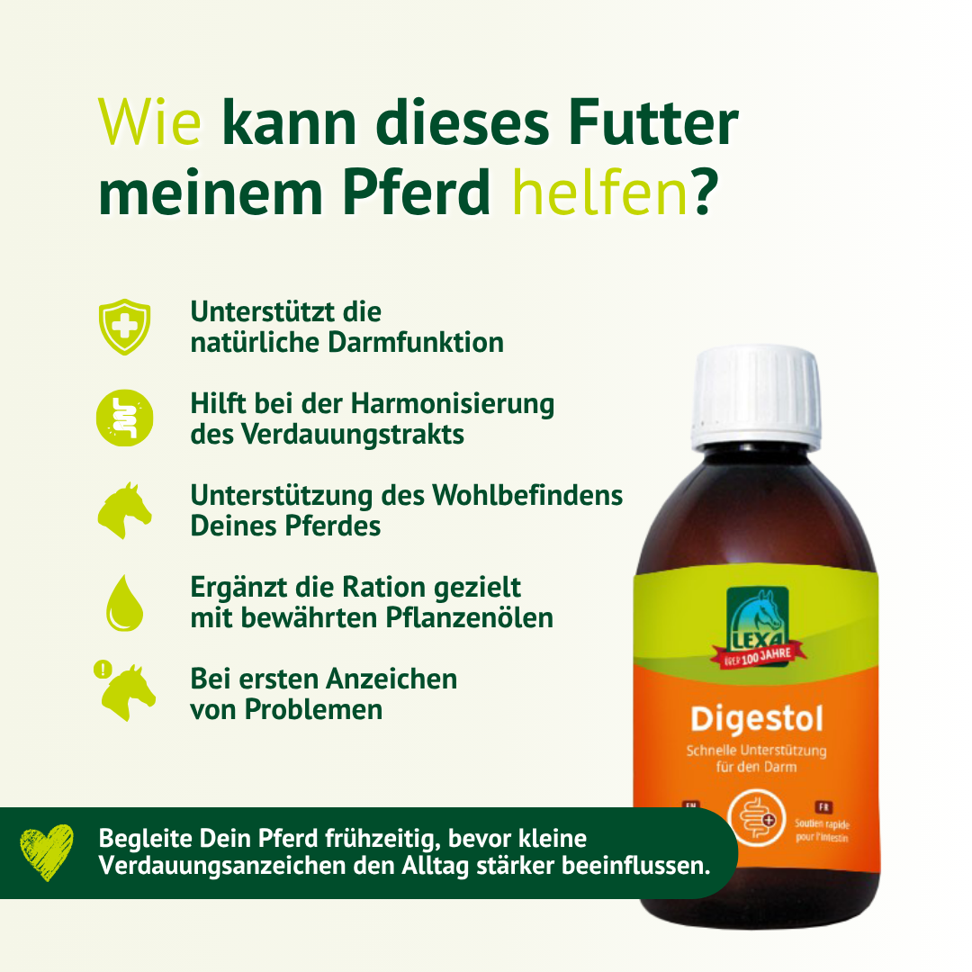 LEXA Digestol unterstützt die natürliche Darmfunktion und das Wohlbefinden deines Pferdes bei empfindlicher Verdauung.