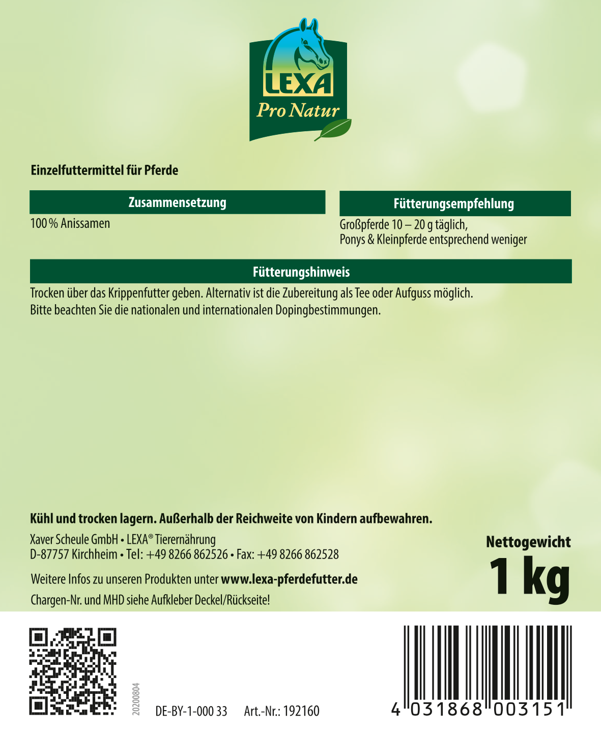 LEXA Pro Natur Pferdefutter 1 kg Grünes Etikett von LEXA Pro Natur Pferdefutter, 1 kg, mit Fütterungshinweisen und Inhaltsstoffen zu den Anissamen