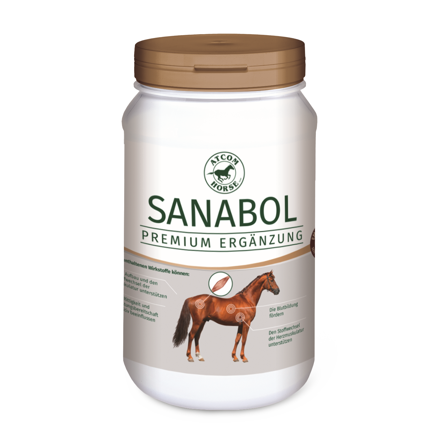 Sanabol Premium Ergänzung für Pferde Sanabol Premium Ergänzung für Pferde in einem weißen Behälter mit braunem Deckel, zeigt ein Pferd auf dem Etikett.