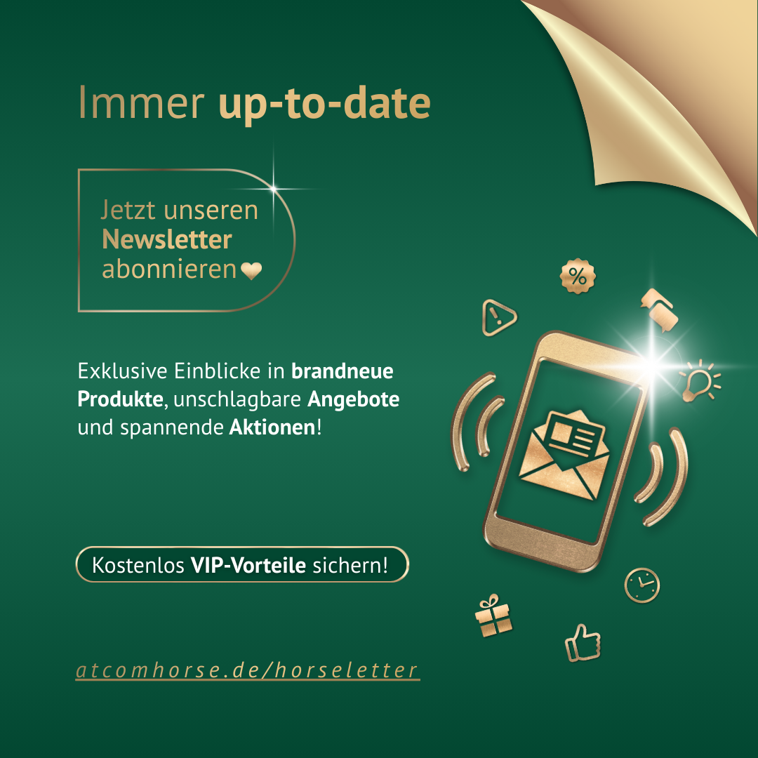 Newsletter-Anmeldung von ATCOM Horse mit Smartphone-Grafik und Hinweis auf exklusive Angebote und Neuheiten