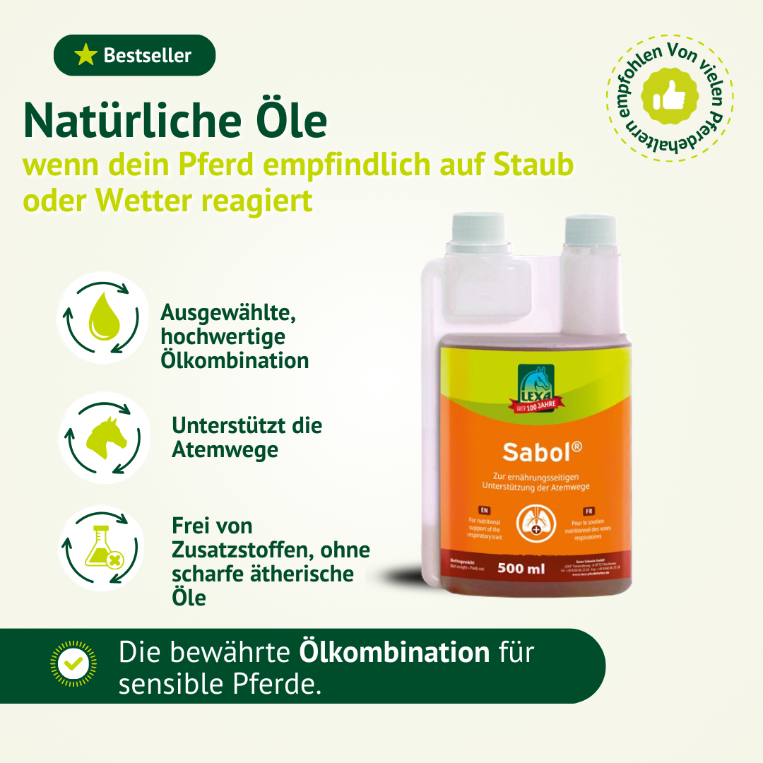 Produktabbildung Sabol® von LEXA – natürliche Ölkombination für sensible Pferde, unterstützt die Atemwege, frei von Zusatzstoffen, 500 ml Flasche.