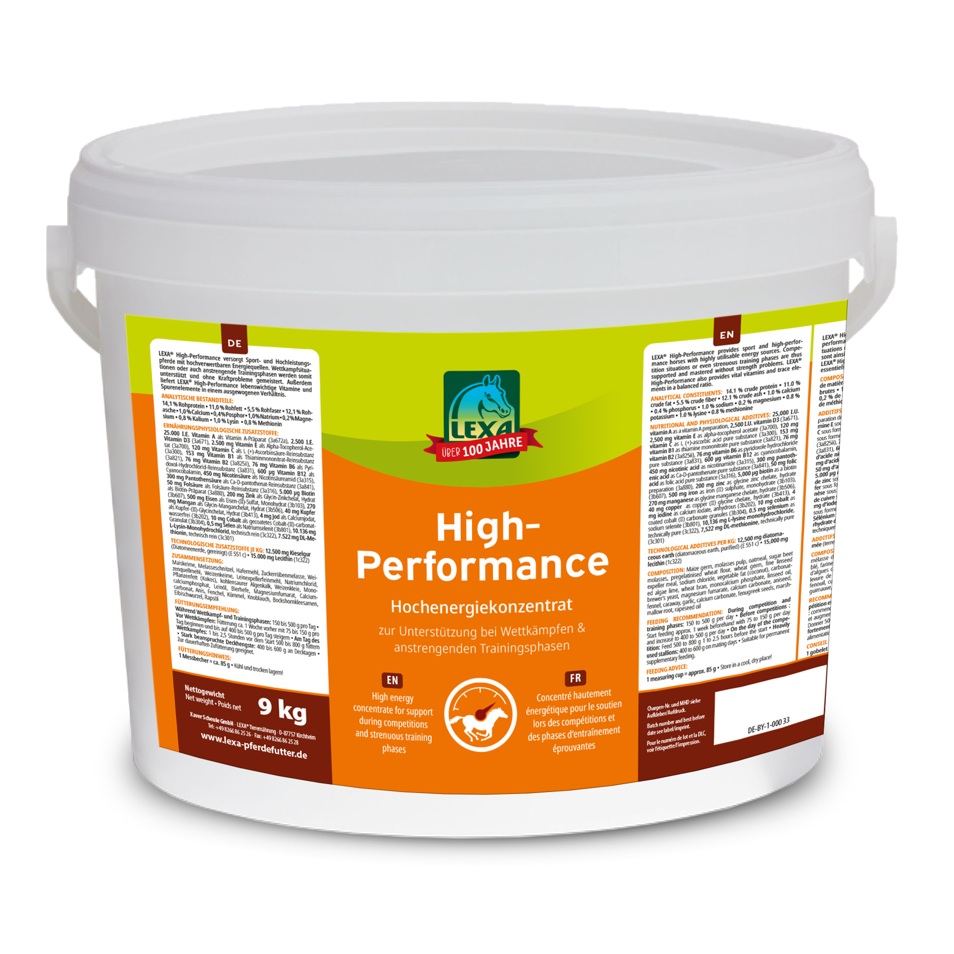 LEXA High-Performance.Hochenergie-Konzentrat für Tiere weißer Eimer (Kunststoff) mit einem Orangen Etikett. Hochenergie-Konzentrat für Pferde.