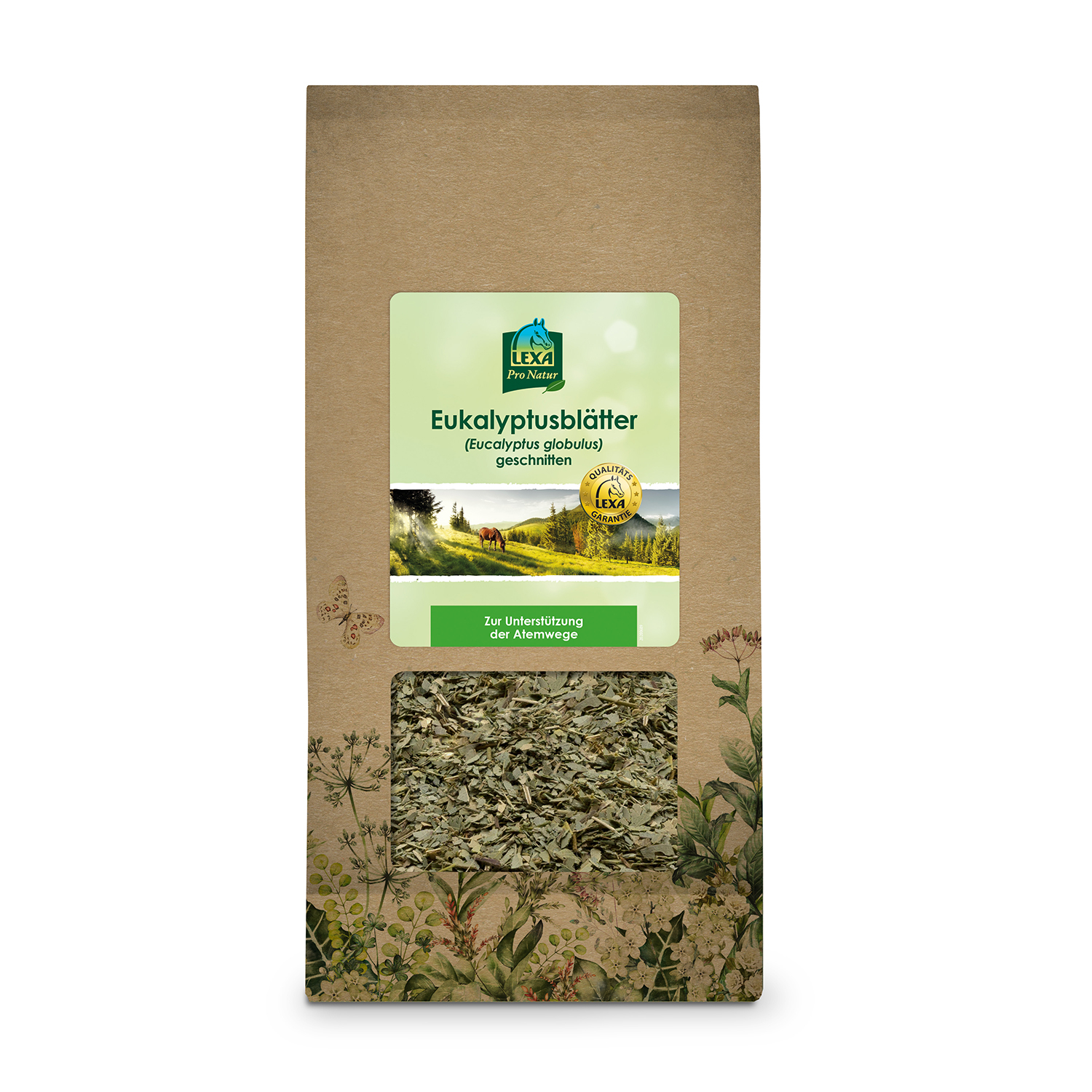 Eukalyptusblätter Verpackung mit Eukalyptusblättern, braune Tüte mit Sichtfenster, Produktname und Herkunftsangabe auf dem Etikett.