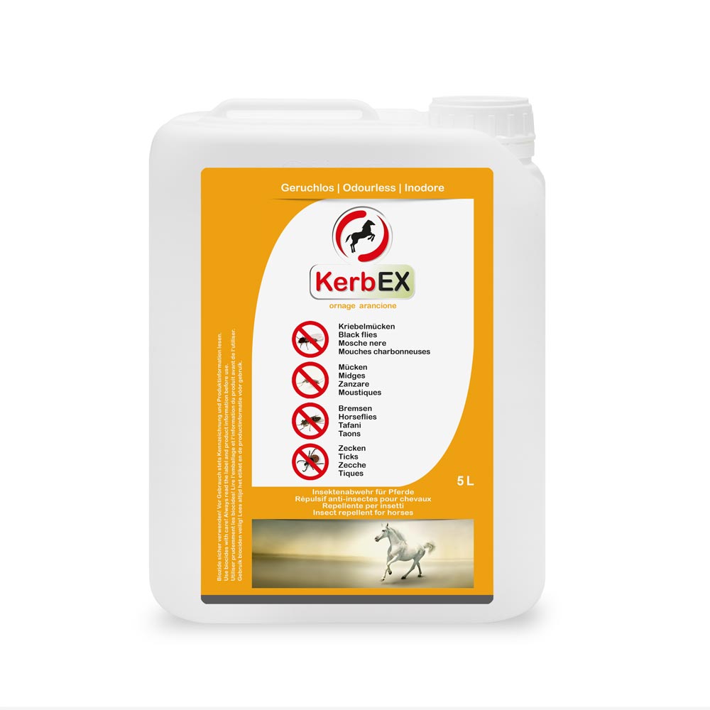 KerbEX Insektenschutzmittel 5L 5-Liter-Behälter mit KerbEX, einem Insektenschutzmittel für Innenräume, mit Warnhinweisen gegen verschiedene Schädlinge.