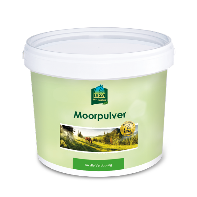 LEXA Moorpulver Eimer Eimer mit LEXA Moorpulver, grüne Verpackung, mit Landschaftsbild und dem Text 'Für die Verdauung'.
