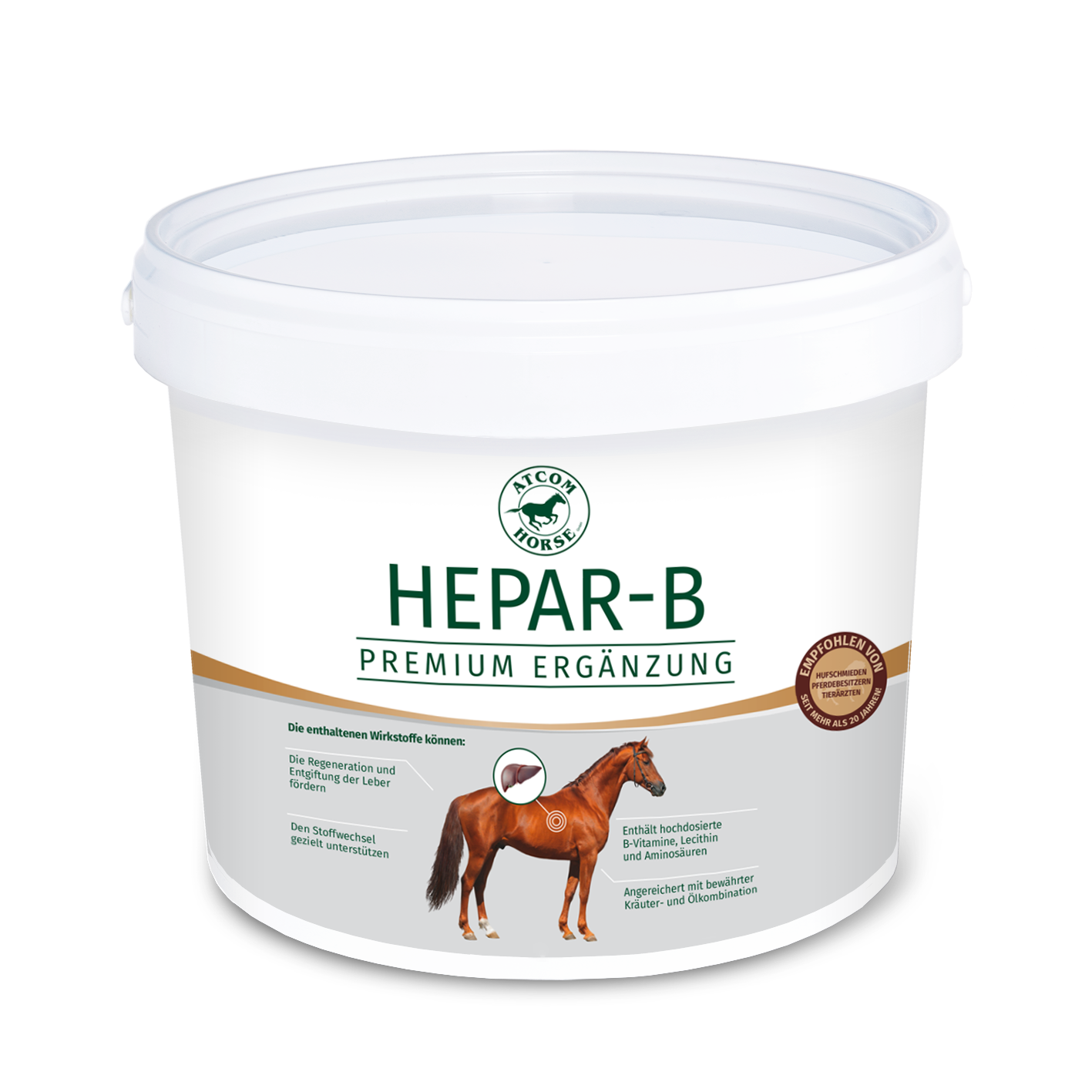 Hepar-B Premium Ergänzung für Pferde Eimer mit Hepar-B, einer Premium-Ergänzung für Pferde, mit einem Bild eines Pferdes und einer Beschreibung der Vorteile.