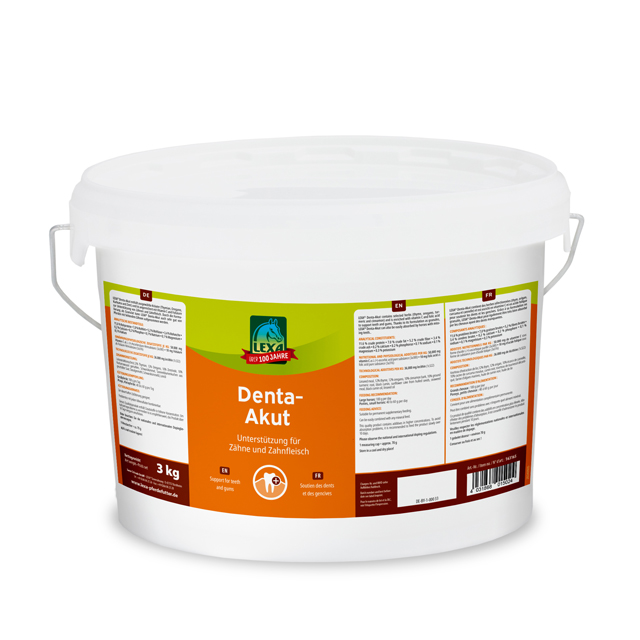 Denta-Akut 3 kg Eimer Denta-Akut, 3 kg Eimer, Unterstützung für Zähne und Zahnfleisch, mit detaillierten Inhaltsstoffen und Anwendungshinweisen auf dem Etikett.